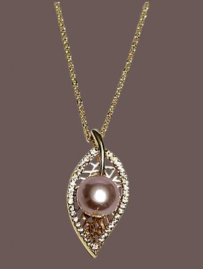 Peach Pearl Leaf Pendant Gold Over Sterling Silver Women's Necklace